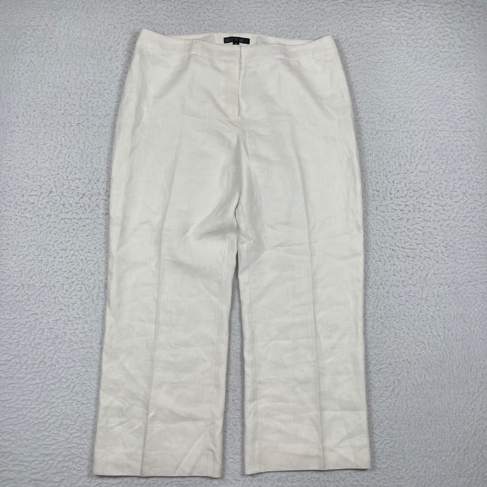 Lafayette 148 Pants Womens 14 White Linen Wide Leg Menswear Quiet Luxury Chic
